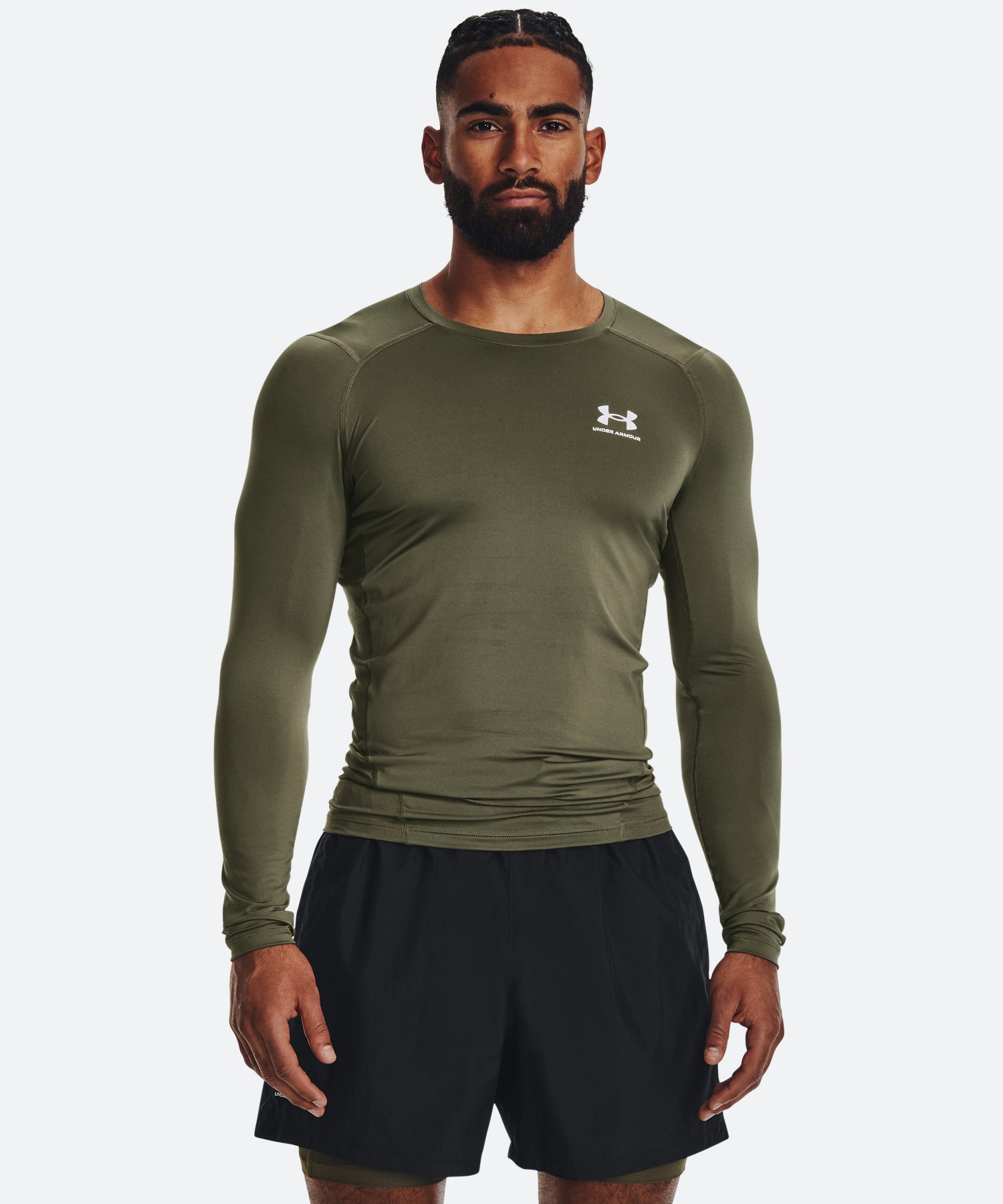 UAヒートギアアーマー コンプレッション ロングスリーブ シャツ（トレーニング/MEN） Marine OD Green / White(390)