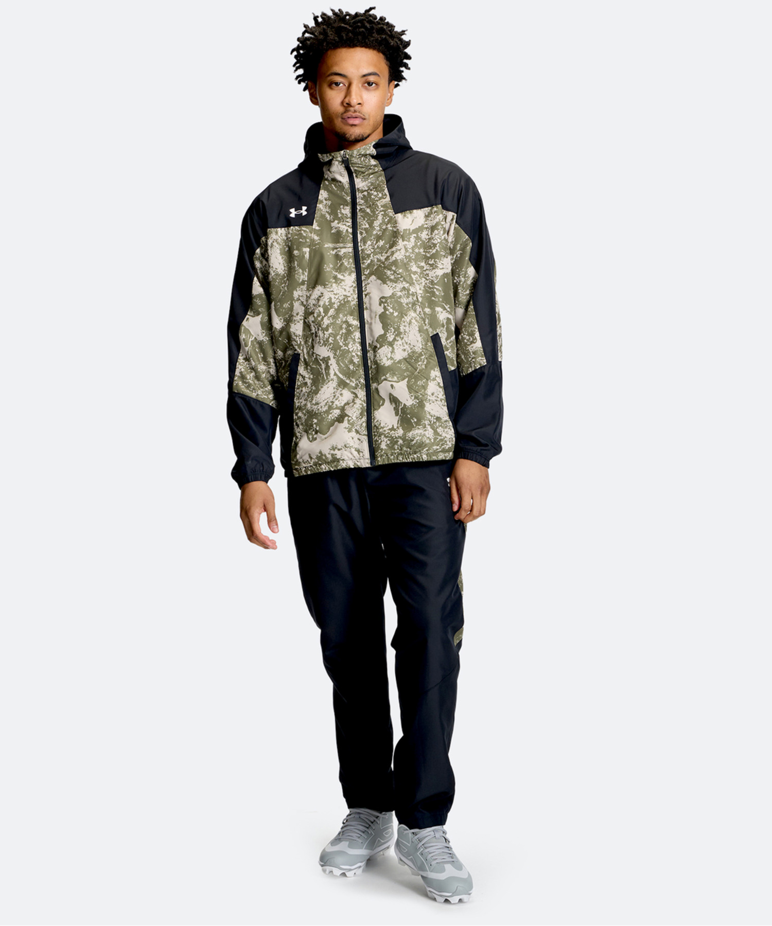 UAヤード トリコットウーブン フルジップ フーディー ジャケット（ベースボール/MEN） Black / Marine OD Green(002)