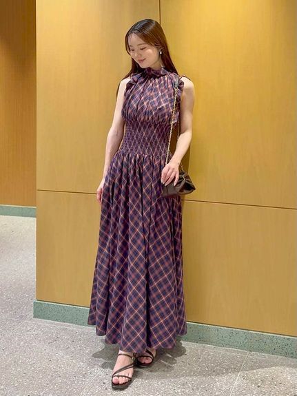 フリルスリーブチェックワンピース