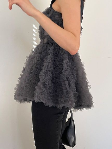 チュール刺繍ベアペプラムトップス