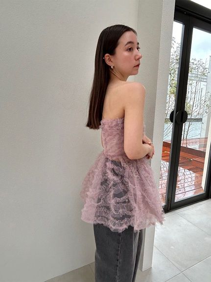 チュール刺繍ベアペプラムトップス