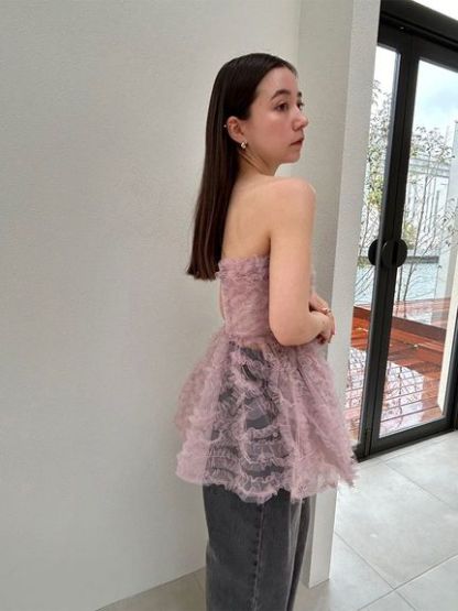 チュール刺繍ベアペプラムトップス