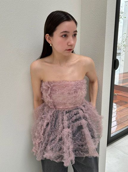 チュール刺繍ベアペプラムトップス