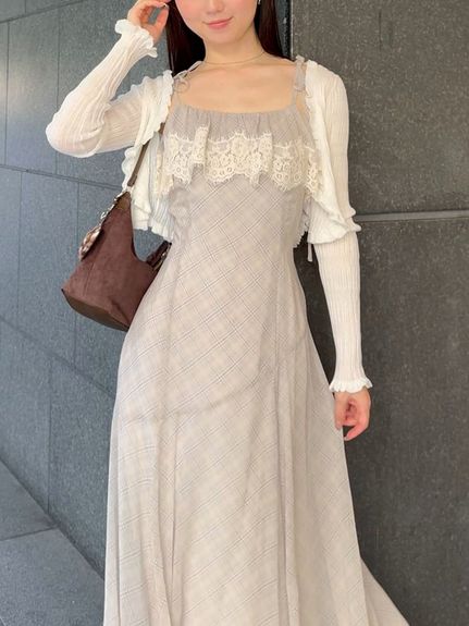 レースフリルチェックキャミワンピース