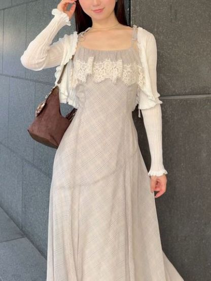 レースフリルチェックキャミワンピース