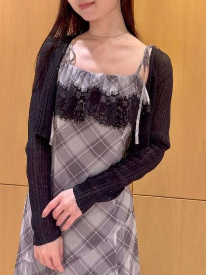 レースフリルチェックキャミワンピース