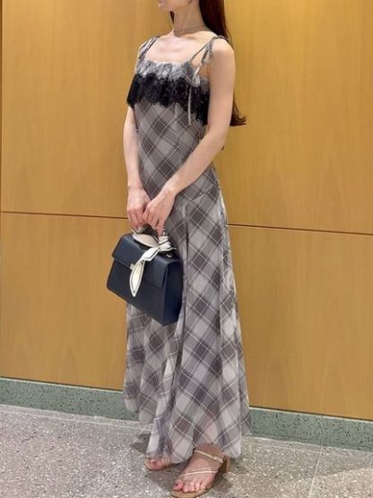 レースフリルチェックキャミワンピース