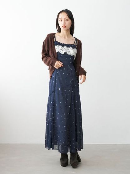 レースフリルチェックキャミワンピース