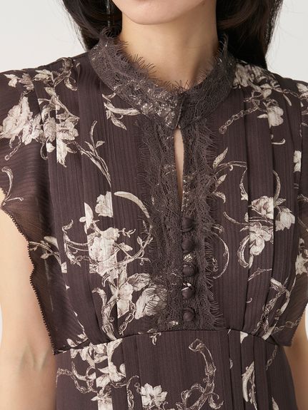 【販路限定サイズあり】レーストリムプリントプリーツワンピース