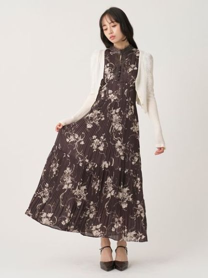 【販路限定サイズあり】レーストリムプリントプリーツワンピース