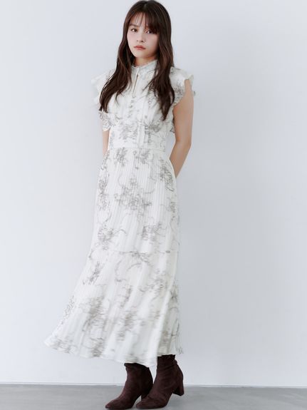 【販路限定サイズあり】レーストリムプリントプリーツワンピース