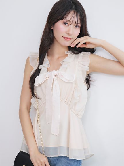 【WEB限定カラーあり】フリルボウタイノースリブラウス