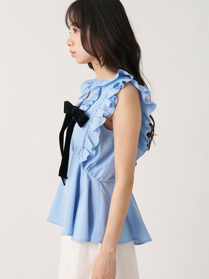 【WEB限定カラーあり】フリルボウタイノースリブラウス
