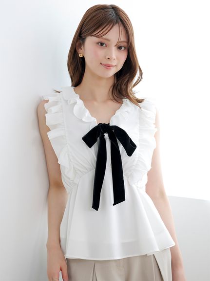 【WEB限定カラーあり】フリルボウタイノースリブラウス