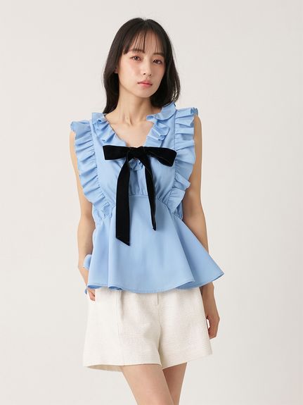【WEB限定カラーあり】フリルボウタイノースリブラウス