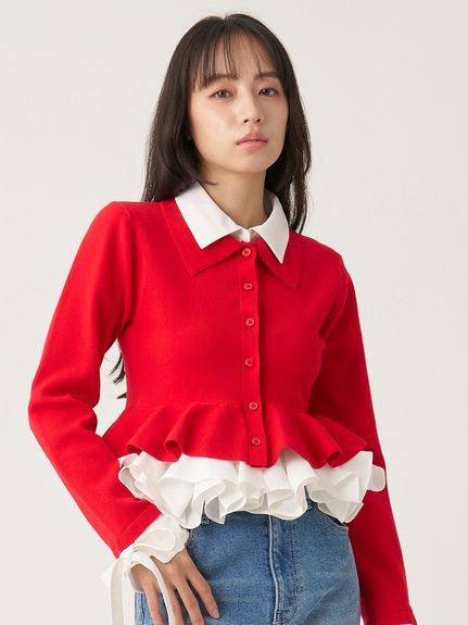 【多色展開】ボリュームフリルペプラムカーディガン