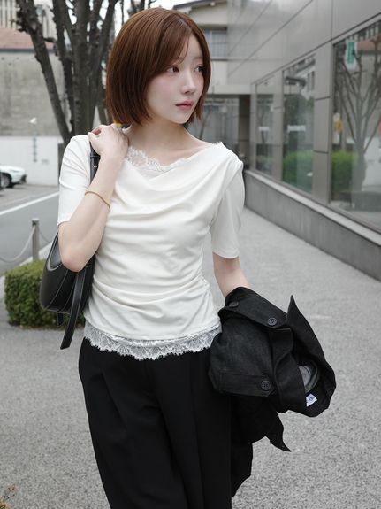 【USAGI ONLINE限定/ZOZOTOWN限定】レーストリムワンショルカットソー