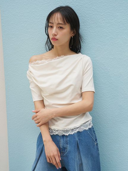 【USAGI ONLINE限定/ZOZOTOWN限定】レーストリムワンショルカットソー