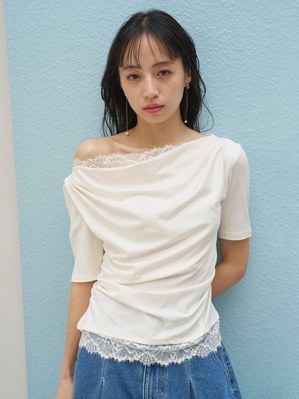 【USAGI ONLINE限定/ZOZOTOWN限定】レーストリムワンショルカットソー