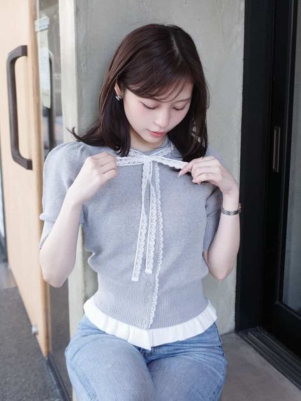【USAGI ONLINE限定】レースリボンペプラムカーディガン