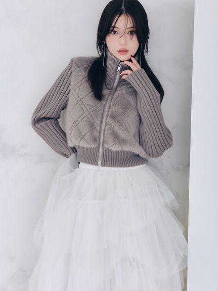 【WARM】ファーキルティングニットブルゾン