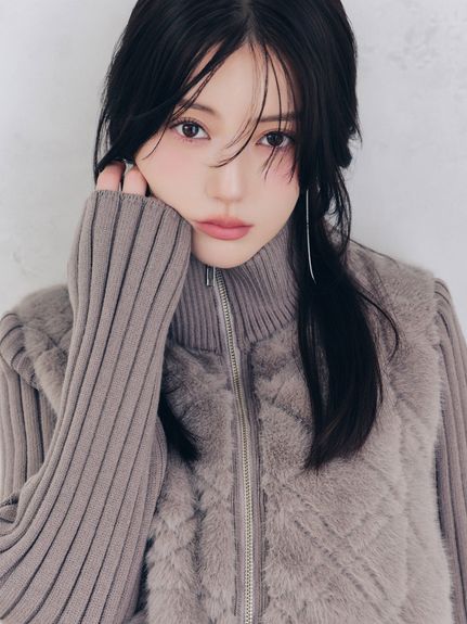 【WARM】ファーキルティングニットブルゾン