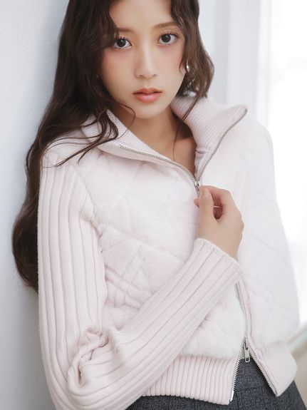 【WARM】ファーキルティングニットブルゾン
