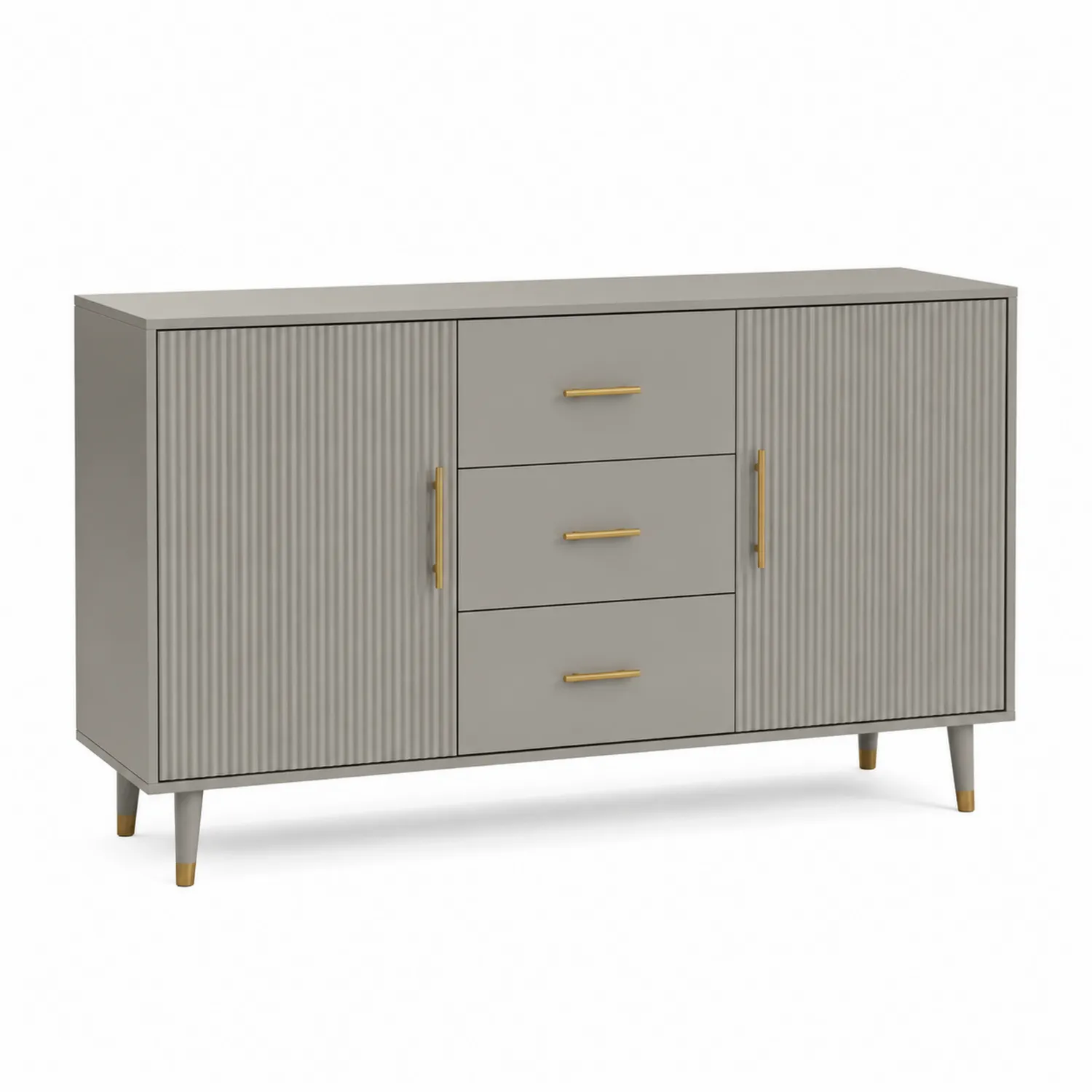 Szara szafka z płyty MDF z metalowymi uchwytami i złotymi akcentami 120x40x80 cm
