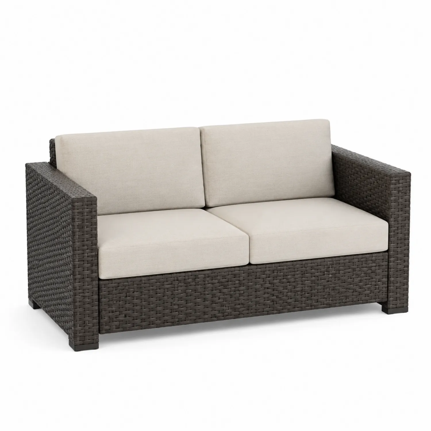 Dwuosobowa sofa z technorattanu z beżowymi poduszkami