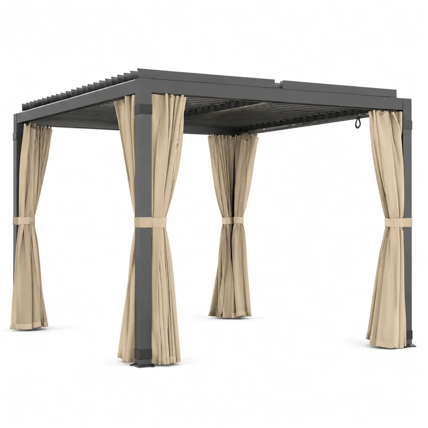 Pergola aluminiowa z beżowymi zasłonami 300x400 cm