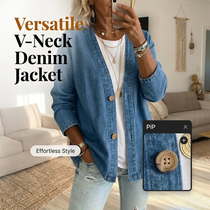 Women's Classic Button Front Denim Jacket – V-Neck, Breathable Fabric & Relaxed Fit