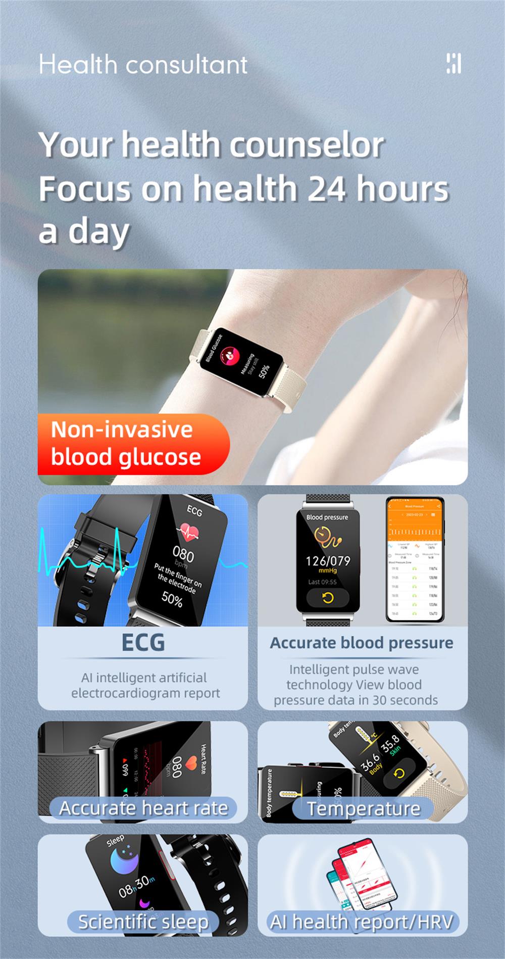 EP08 High-end ECG/EKG Blood Sugar Blood Oxygen Monitoring Waterproof Smart Bracelet