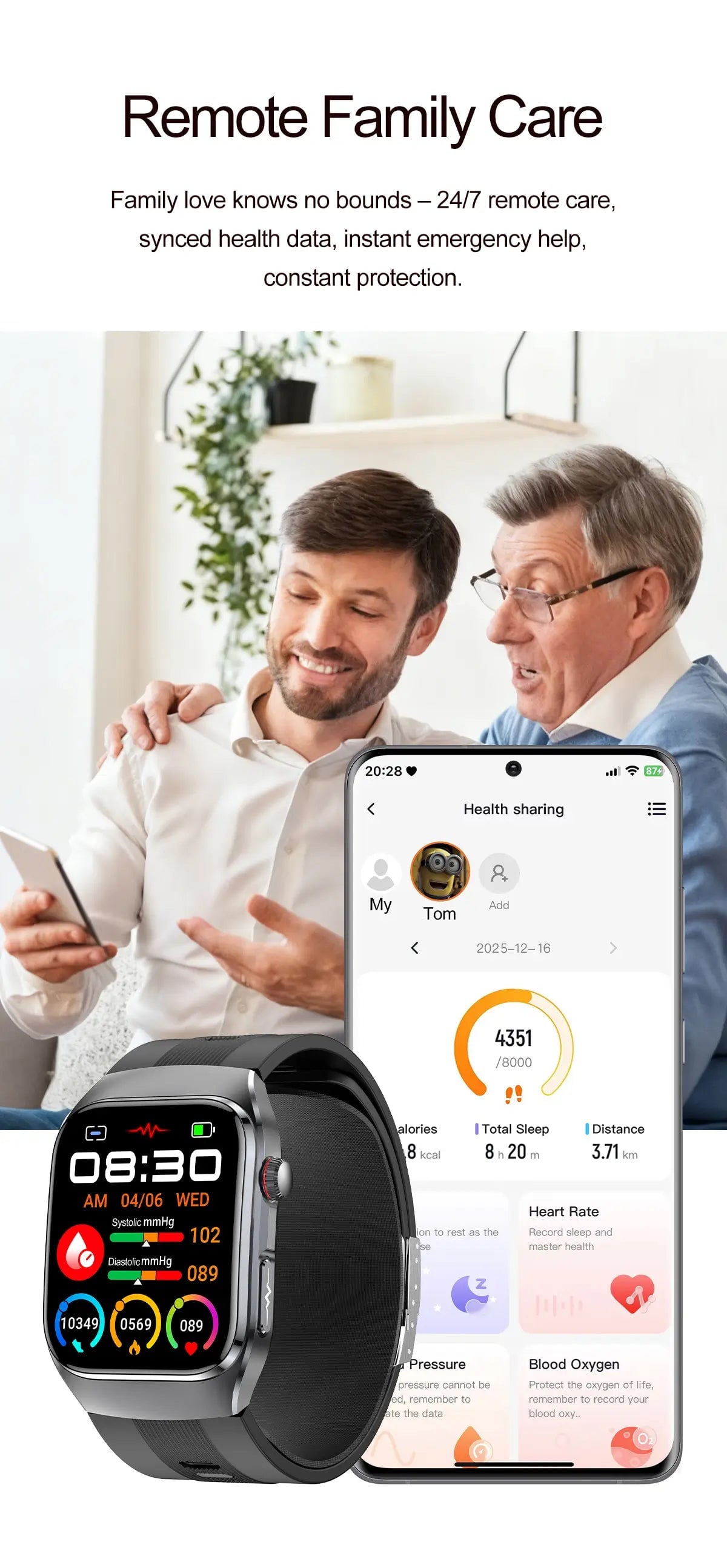 Blood Pressure Smartwatch with Continuous BP Monitoring, Heart Rate & ECG Fitness Tracker for Men Women