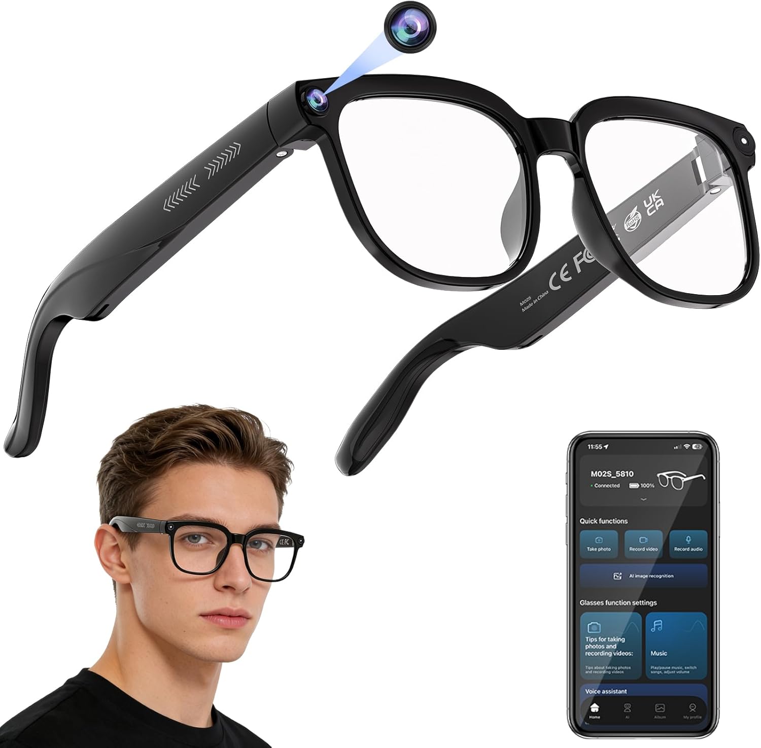 Cowaudio™ G12 AI Smart Glasses with 4K Camera, AI Assistant, Object Recognition, Translation & Bluetooth Audio
