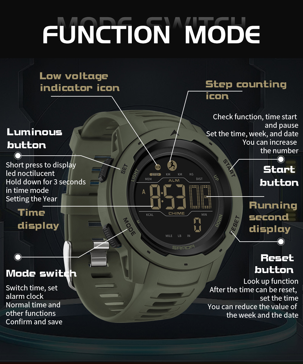 Waterproof Military Pedometer Digital Watch
