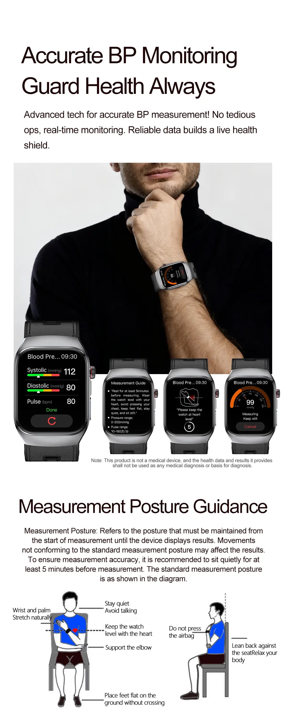 Blood Pressure Smartwatch with Continuous BP Monitoring, Heart Rate & ECG Fitness Tracker for Men Women