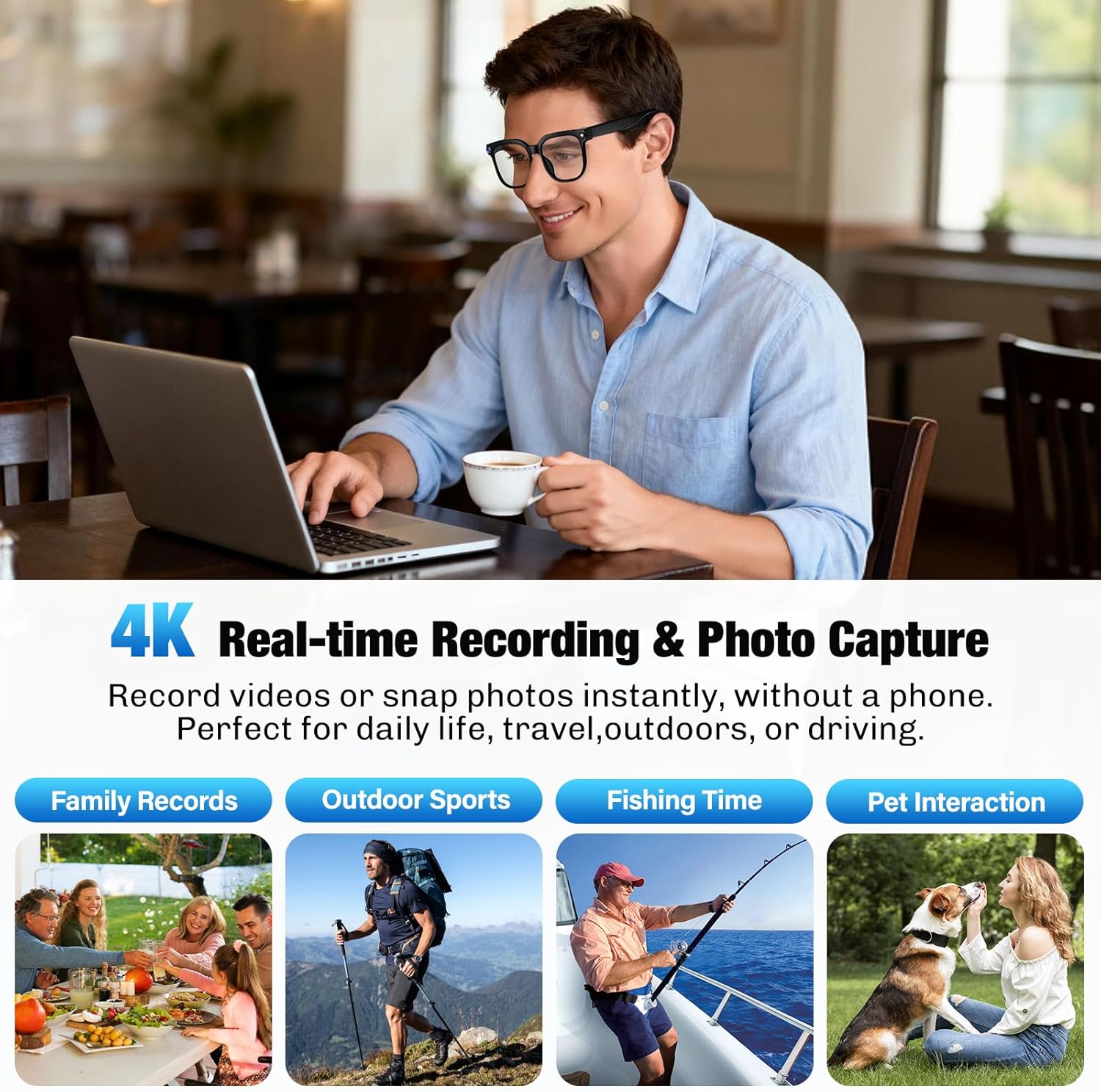 Cowaudio™ G12 AI Smart Glasses with 4K Camera, AI Assistant, Object Recognition, Translation & Bluetooth Audio