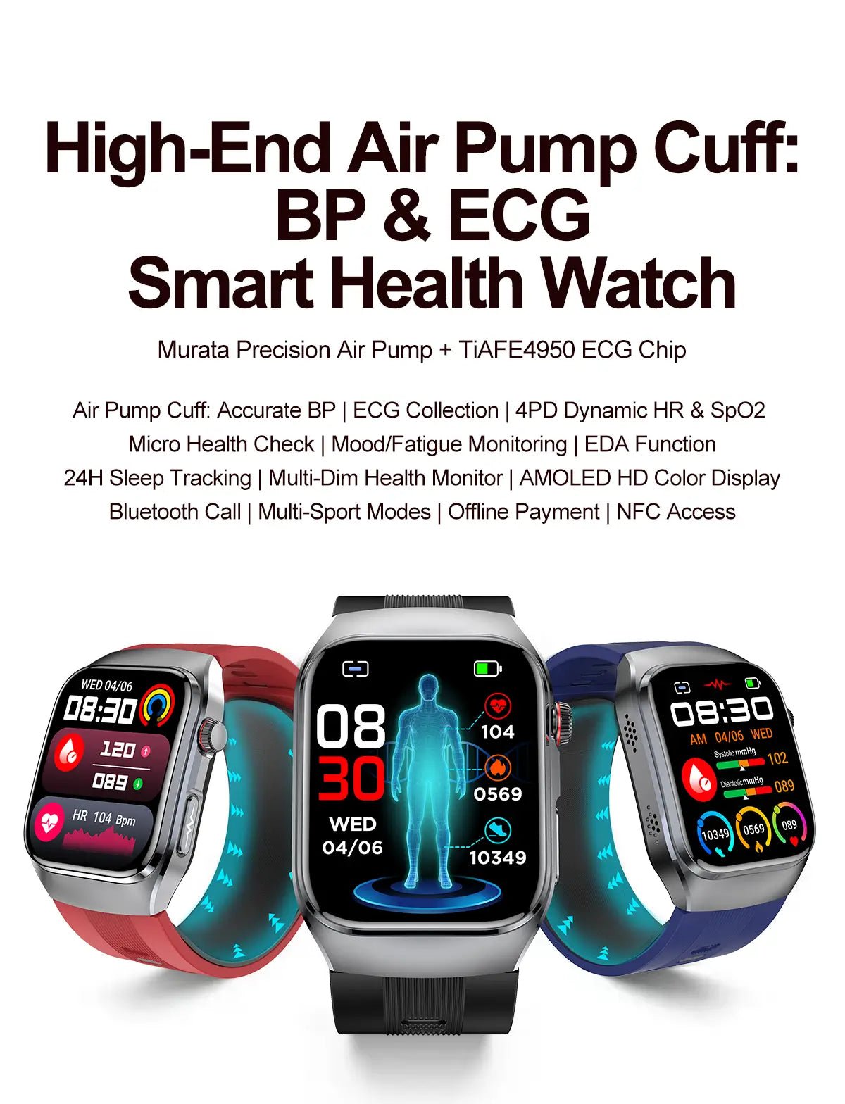 Blood Pressure Smartwatch with Continuous BP Monitoring, Heart Rate & ECG Fitness Tracker for Men Women