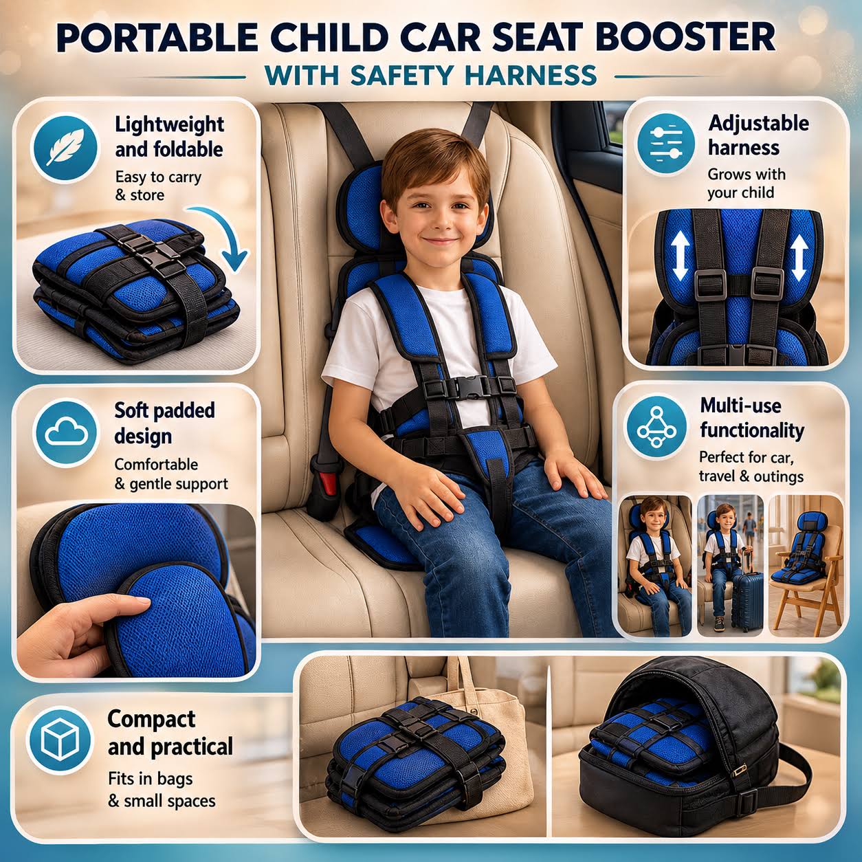 Travel Buddy | Portable Booster Car Seat with 5-Point Harness | Foldable Design for Easy Transport