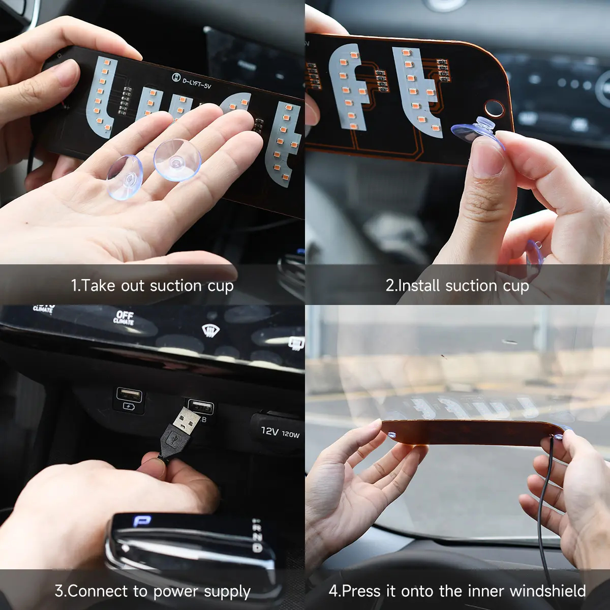 USB LED Car Windshield Light Sign with Suction Cups - Adjustable Brightness Taxi UBER Lyft Sign