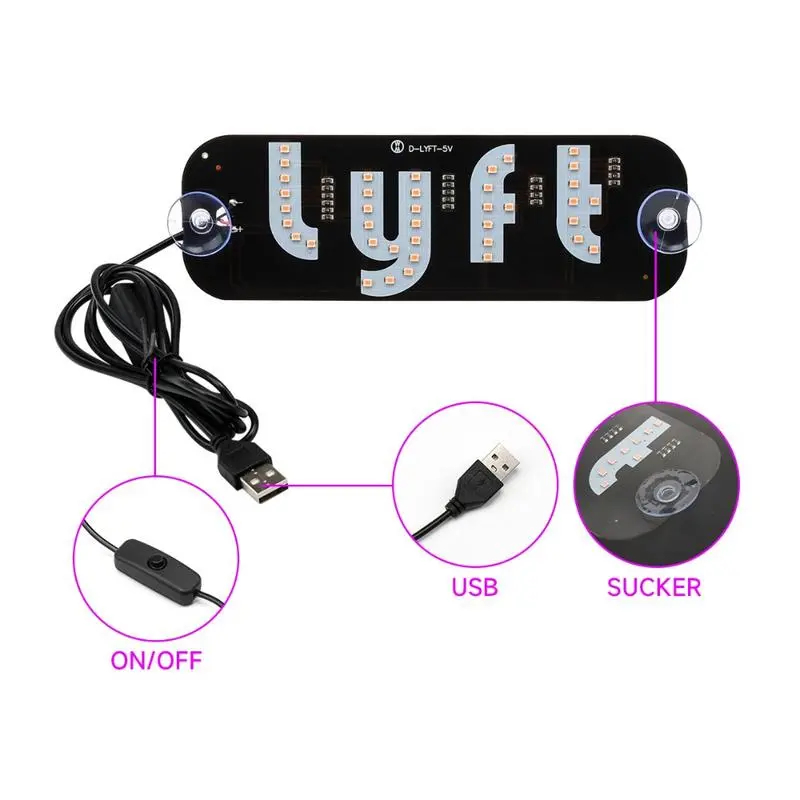 USB LED Car Windshield Light Sign with Suction Cups - Adjustable Brightness Taxi UBER Lyft Sign