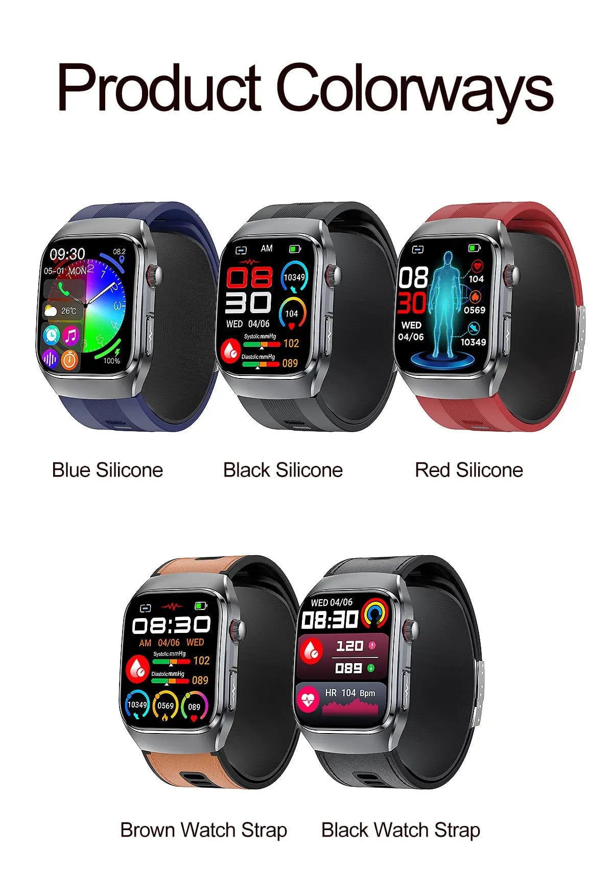 Blood Pressure Smartwatch with Continuous BP Monitoring, Heart Rate & ECG Fitness Tracker for Men Women