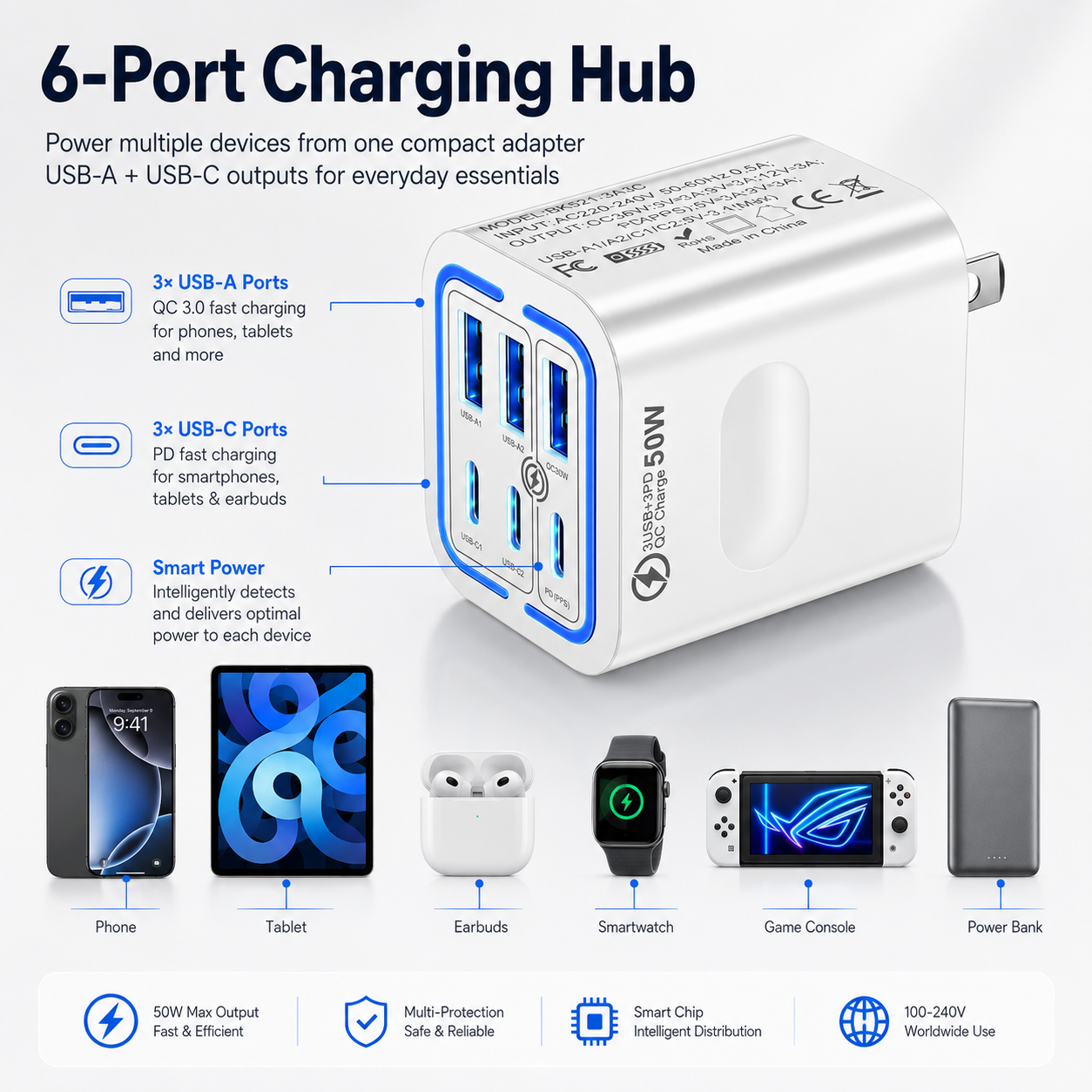 Portable Multi PortCharging Station 50w, 6-Port USB C & USB A