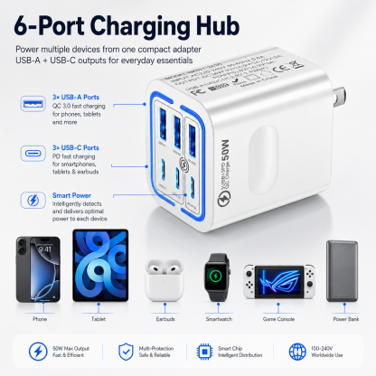Portable Multi PortCharging Station 50w, 6-Port USB C & USB A