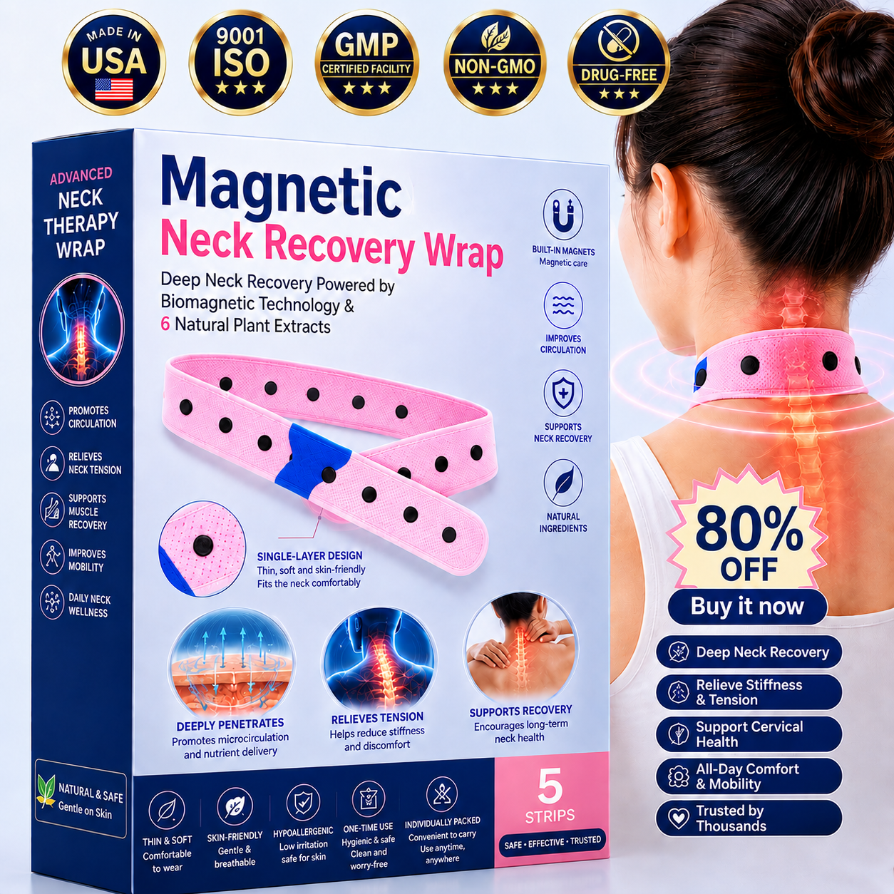 Deep Neck Recovery Powered by Biomagnetic Technology & 6 Natural Plant Extracts(Suitable for Forward Head Posture、Dowager's Hump、Straight Neck Syndrome、Cervical Spondylosis、Cervical Disc Herniation、Cervical Radiculopathy、Cervical Spinal Stenosis）