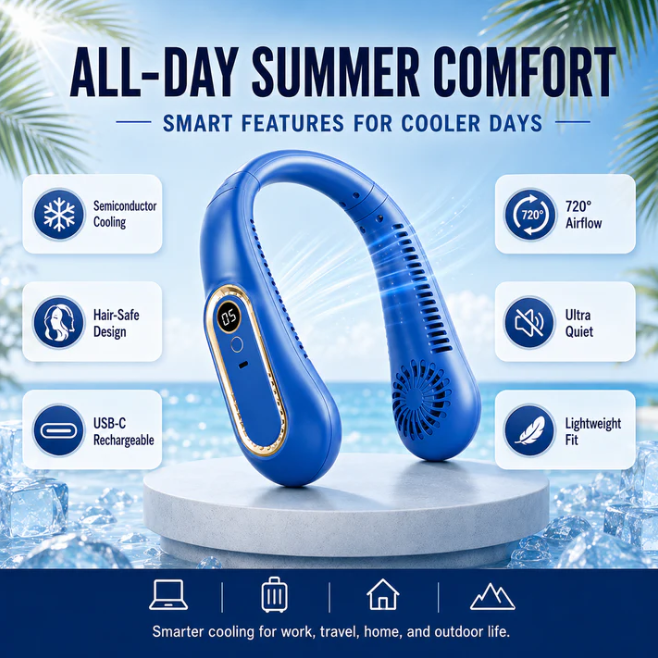 ❄️2026 Semiconductor NeckCooling Fan - Cool-Touch Plate,720° Airflow & Hands-FreeSummer Comfort