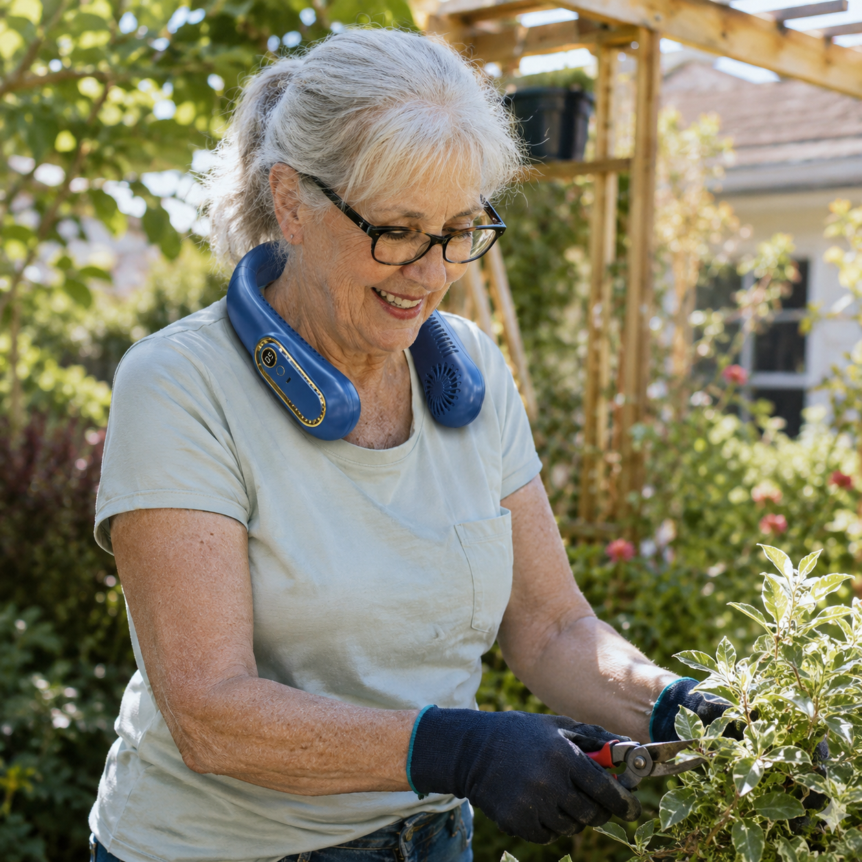 Older woman gardening while wearing a cooling neck fan
