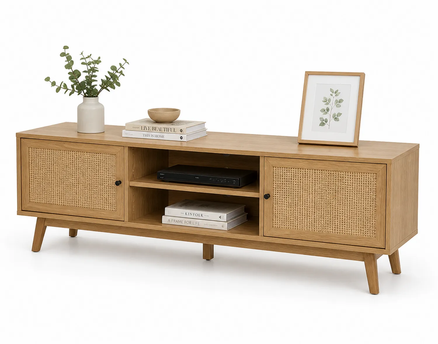 Szafka RTV z drewna i plecionki trzcinowej 140x40x50cm-calmhomea