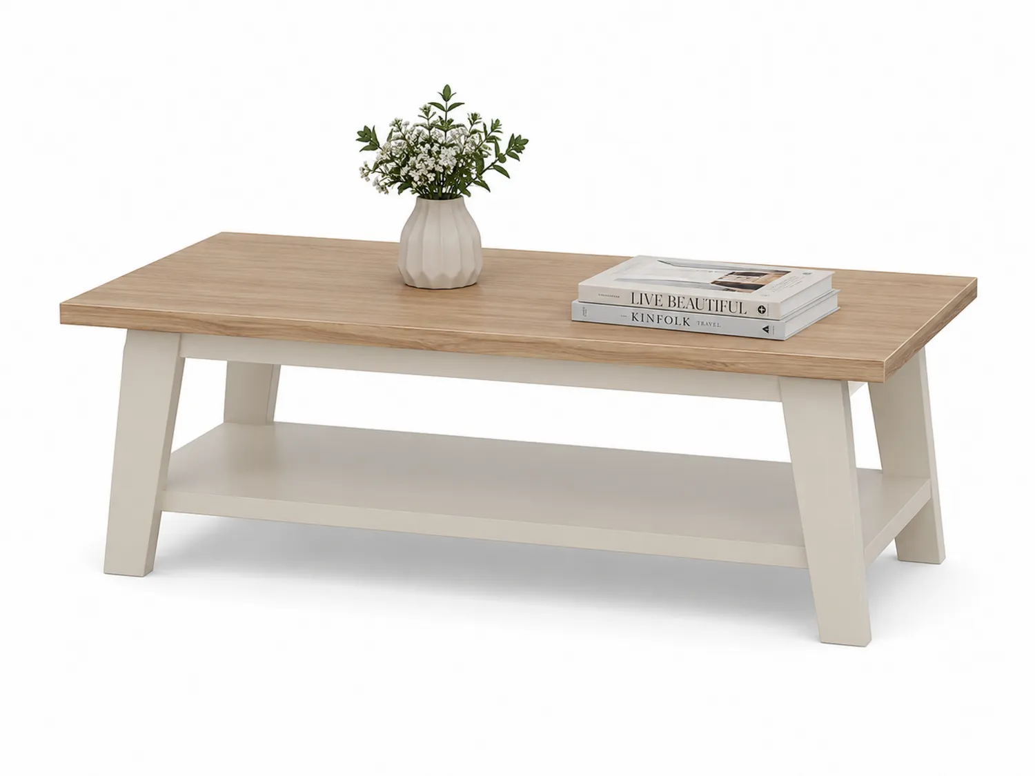 Prostokątny stolik kawowy z drewnianym blatem i nogami z MDF 110x60x45 cm Biały/Dąb-calmhomea