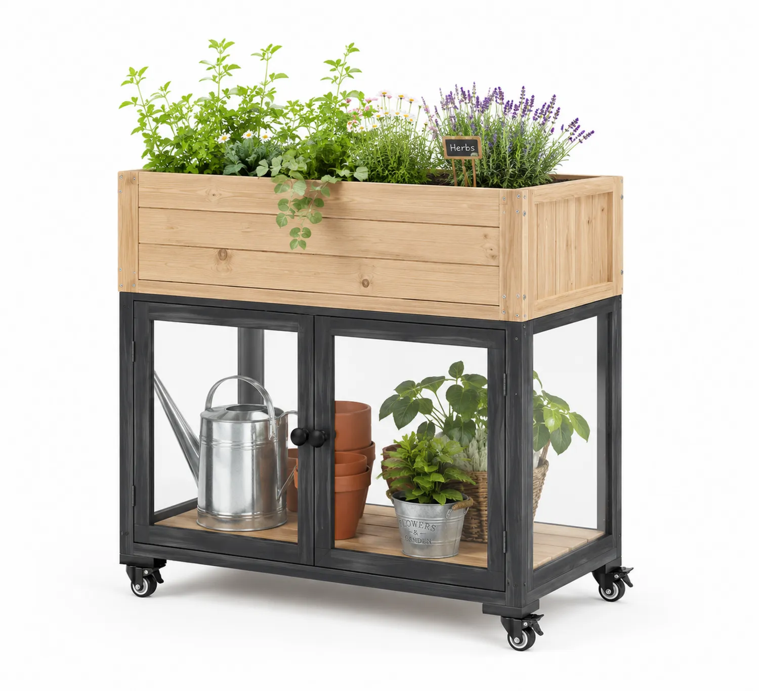 Stół do sadzenia z drewna i metalu z szafką szklaną 120x45x100 cm-calmhomea